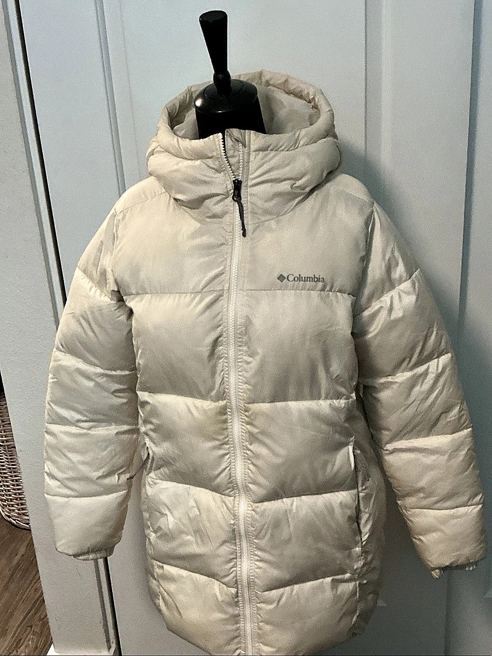 Columbia Heavenly Long Hooded Jacket Cream Hooded Puffer Jacket S
